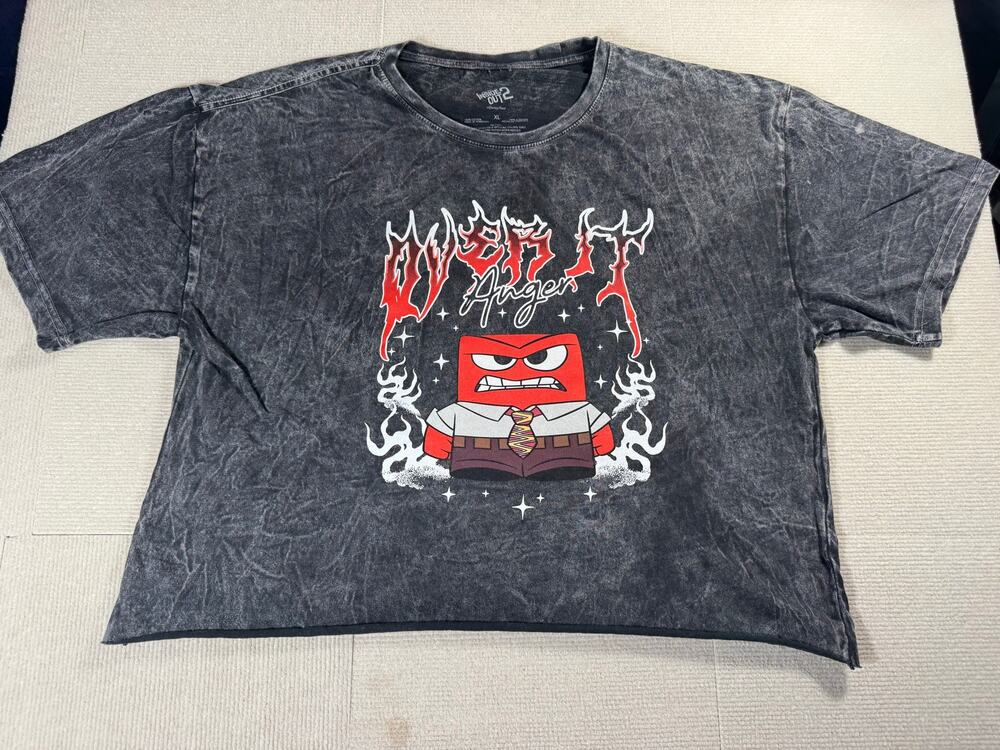 Anger Crop T Shirt Womens XL Downtown Girl Gorpcore Black Mineral Wash Disney